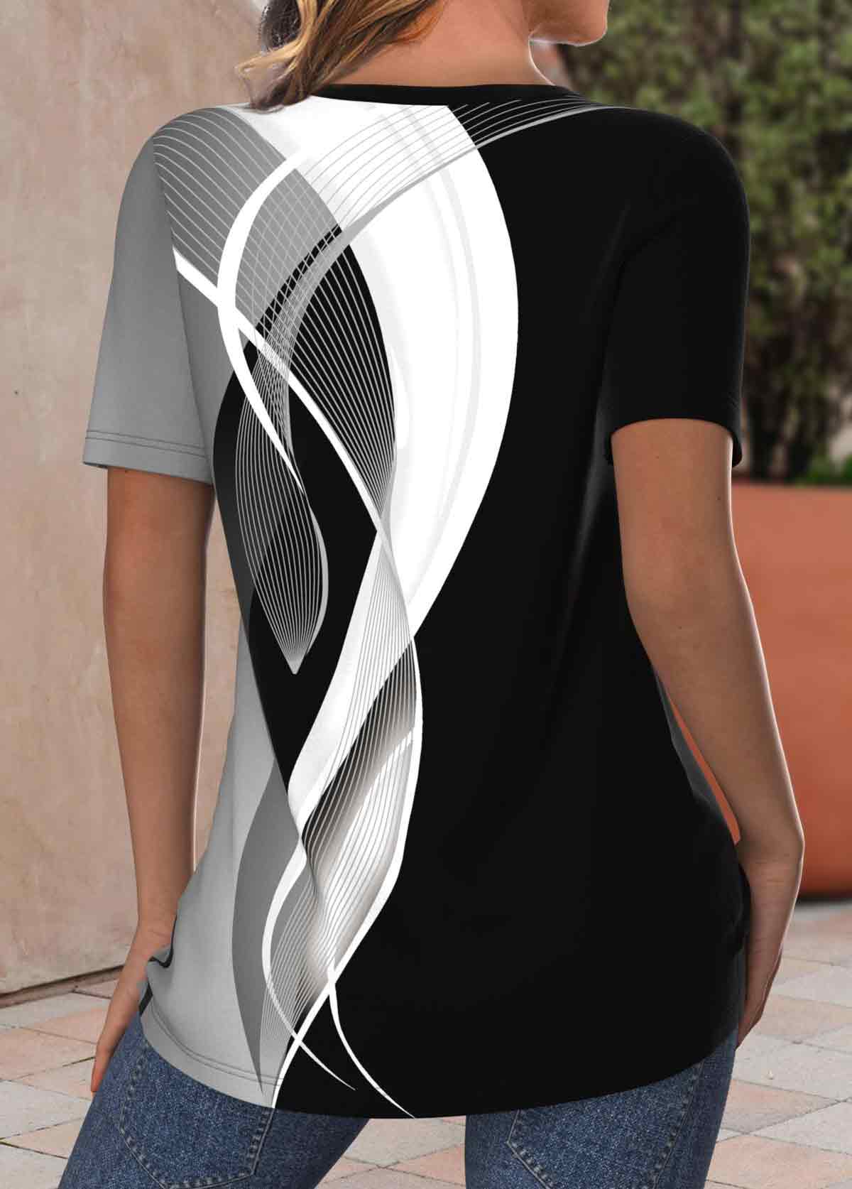 Black Criss Cross Geometric Print Short Sleeve T Shirt