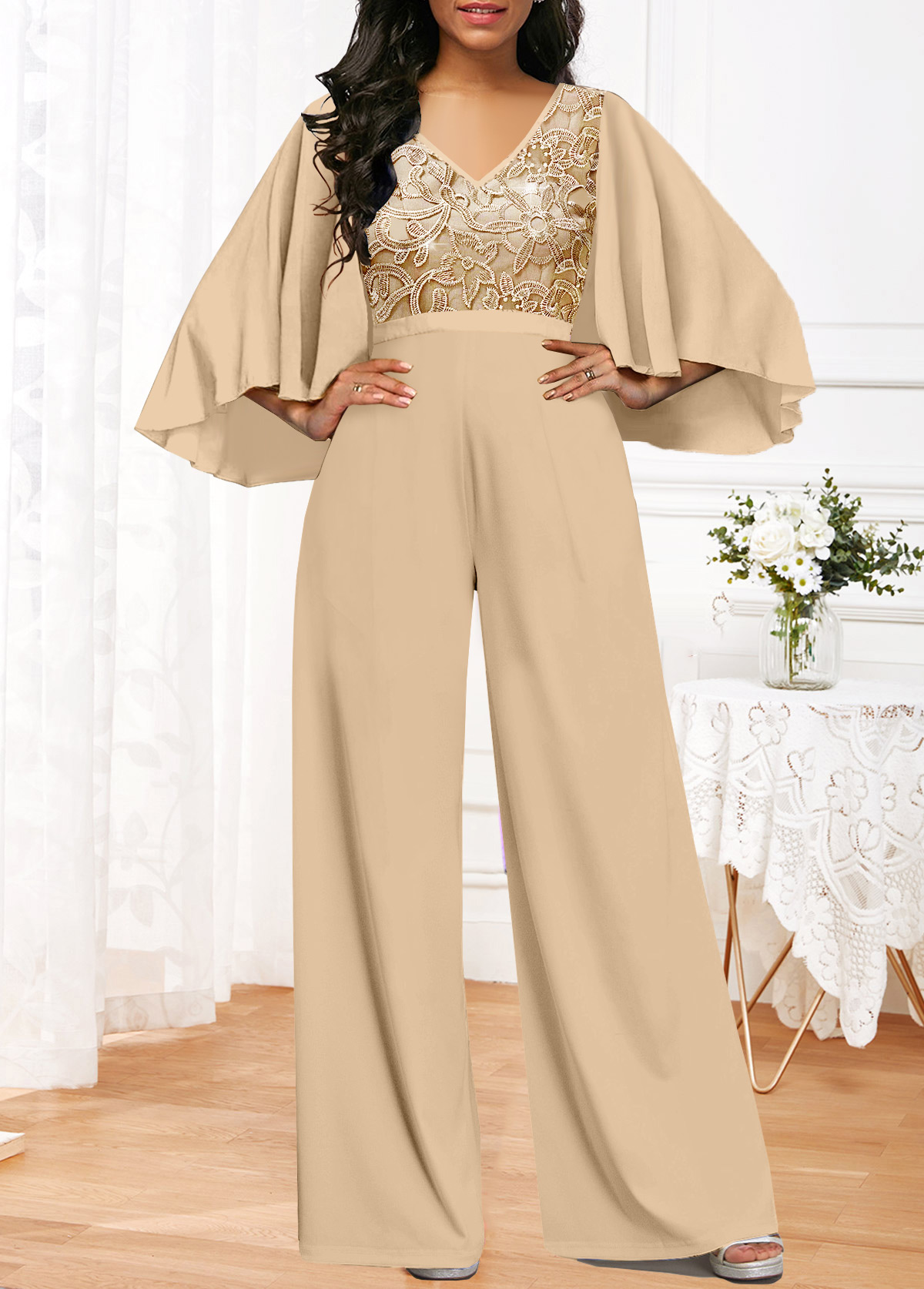 Champagne Embroidery Long 3/4 Sleeve V Neck Jumpsuit