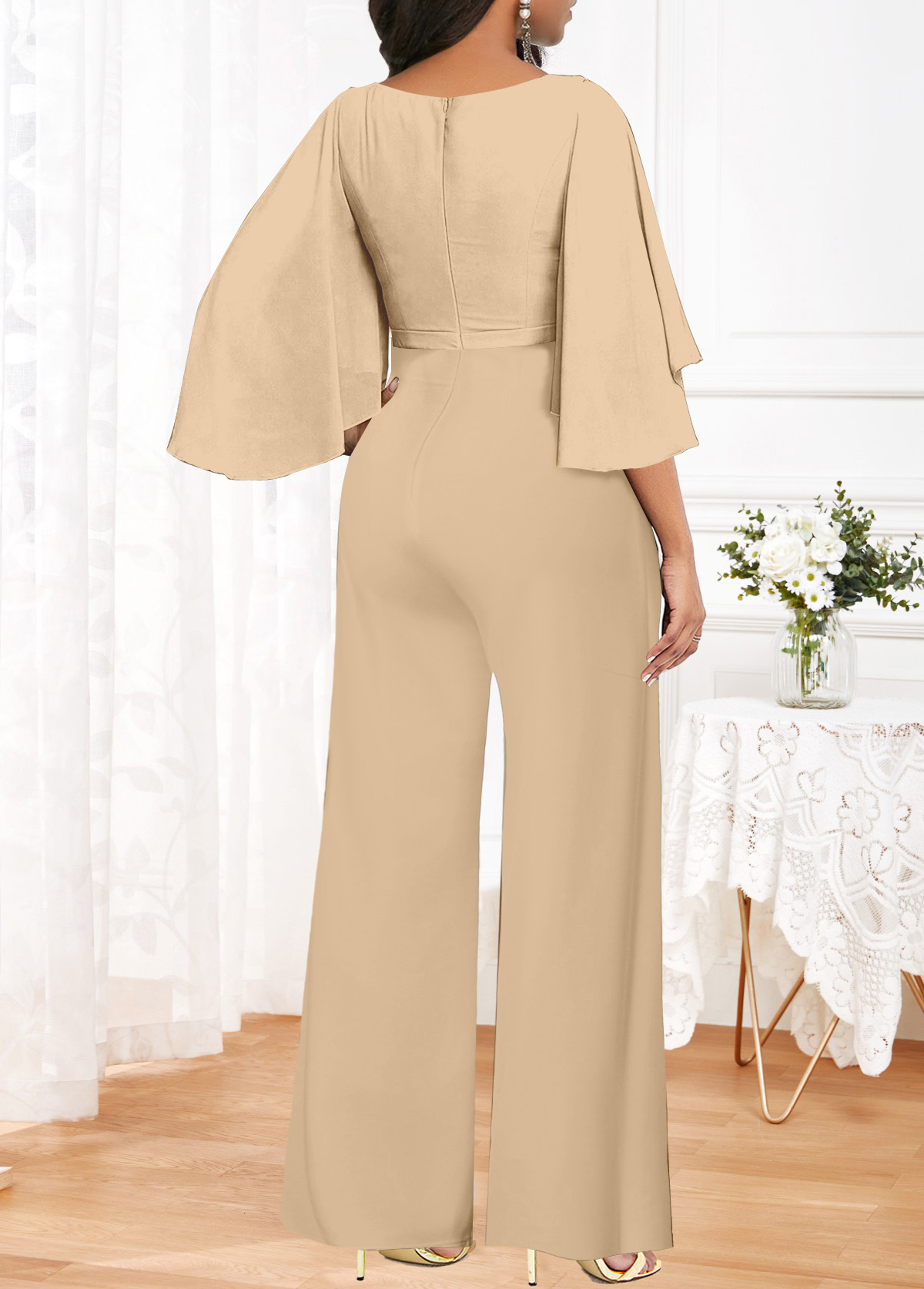 Champagne Embroidery Long 3/4 Sleeve V Neck Jumpsuit