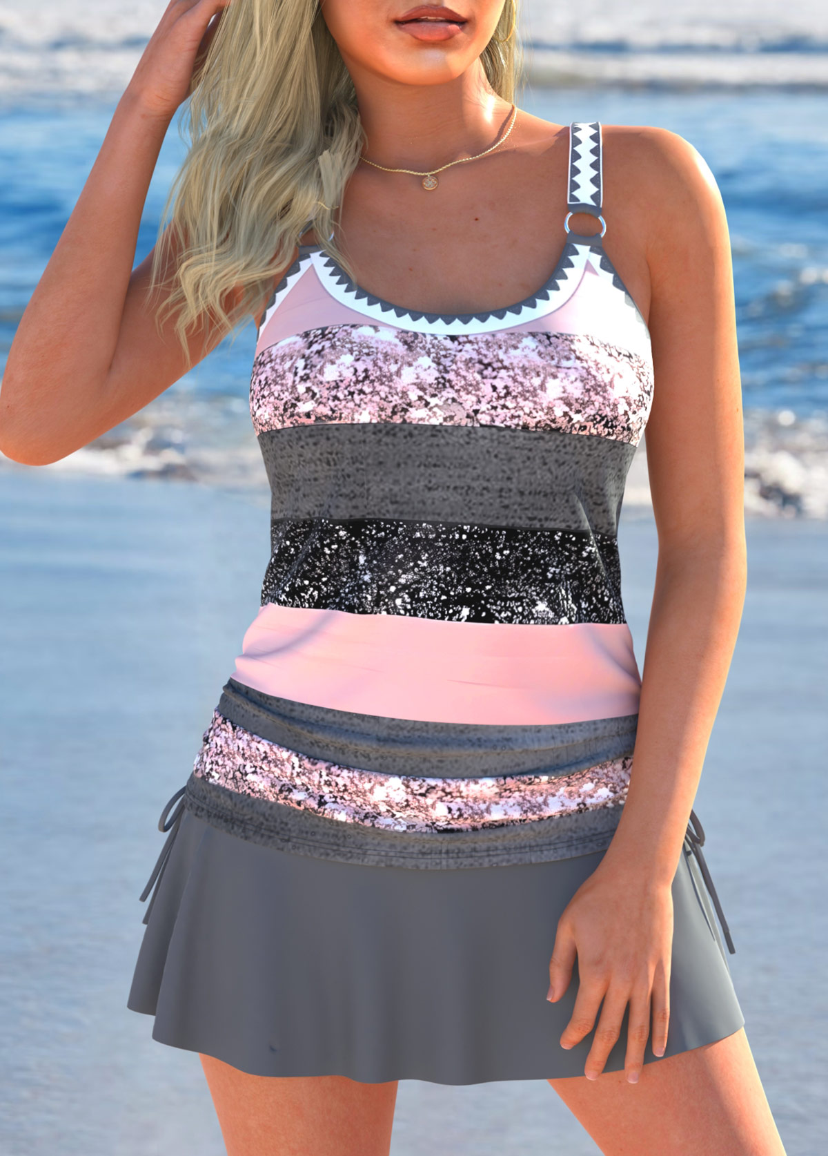 Drawstring Multi Stripe Print Dark Grey Marl Tankini Set | picture 
