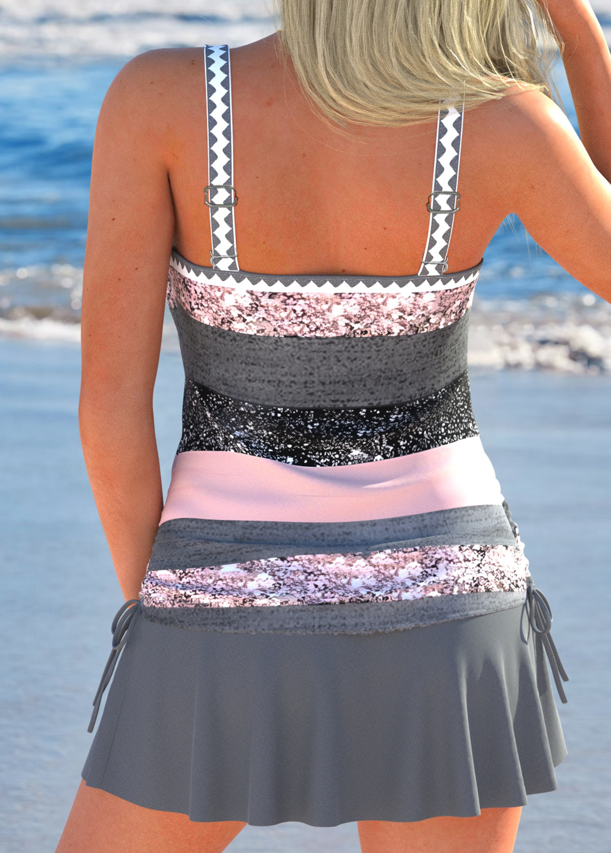 Drawstring Multi Stripe Print Dark Grey Marl Tankini Set | picture 