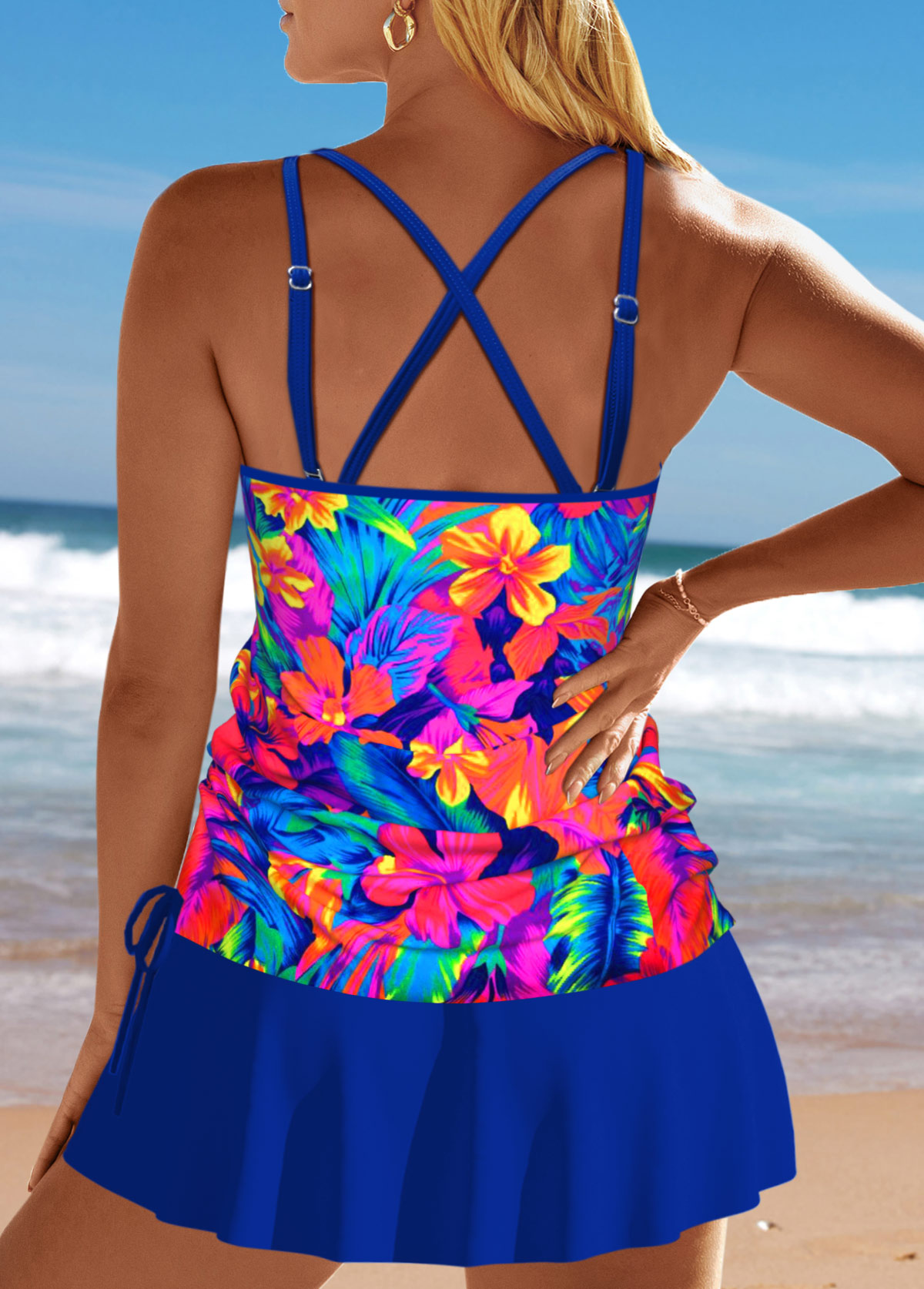 Criss Cross Floral Print Royal Blue Tankini Set | picture 