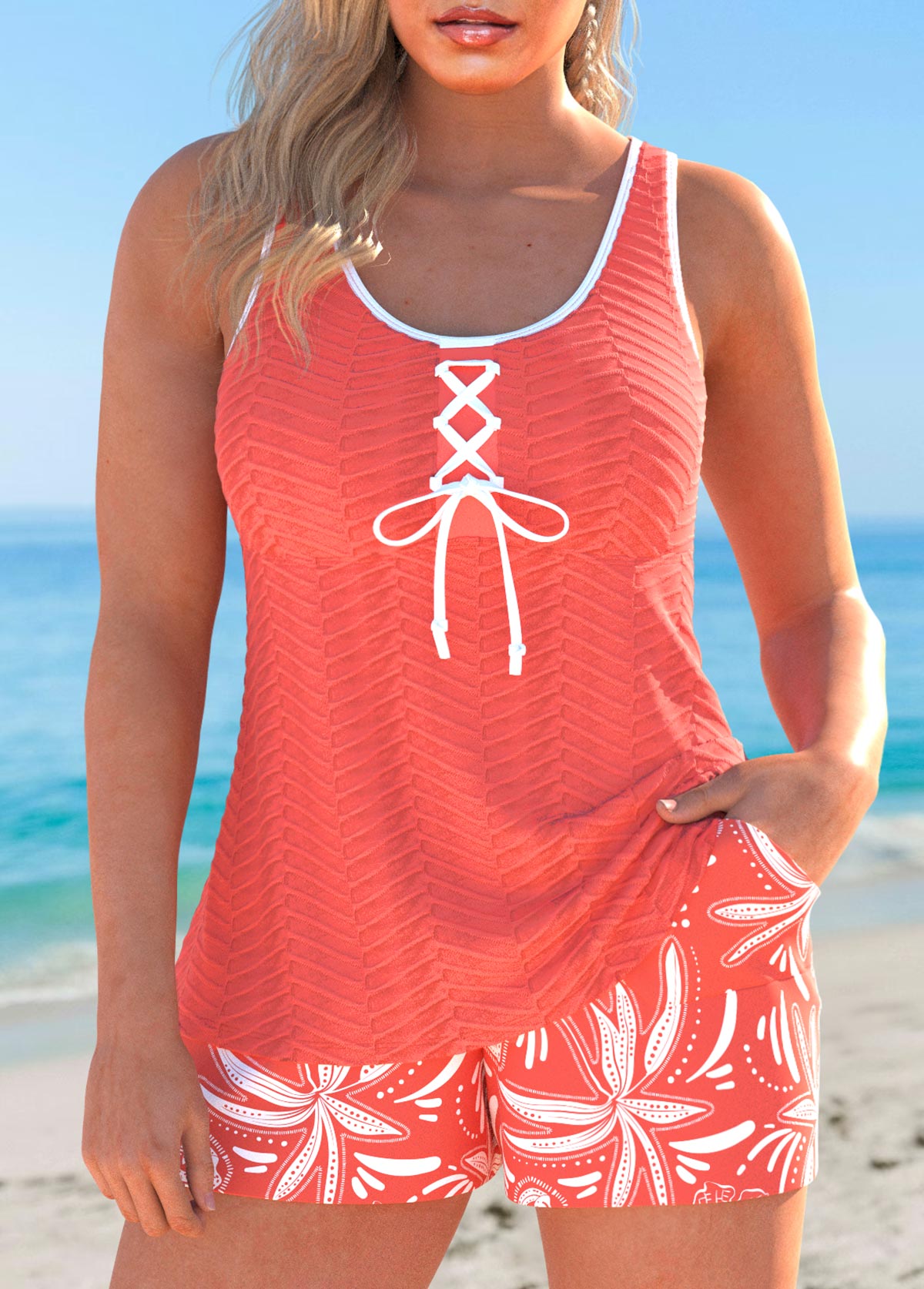 Lace Up Floral Print Coral Tankini Set