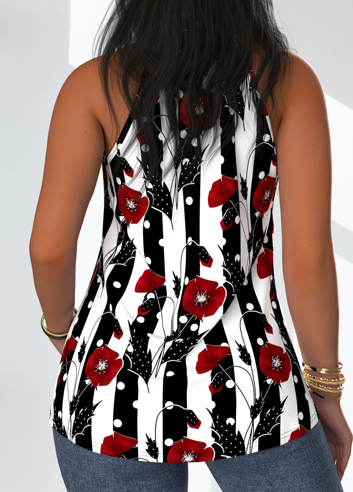 Black Criss Cross Floral Print Sleeveless Tank Top
