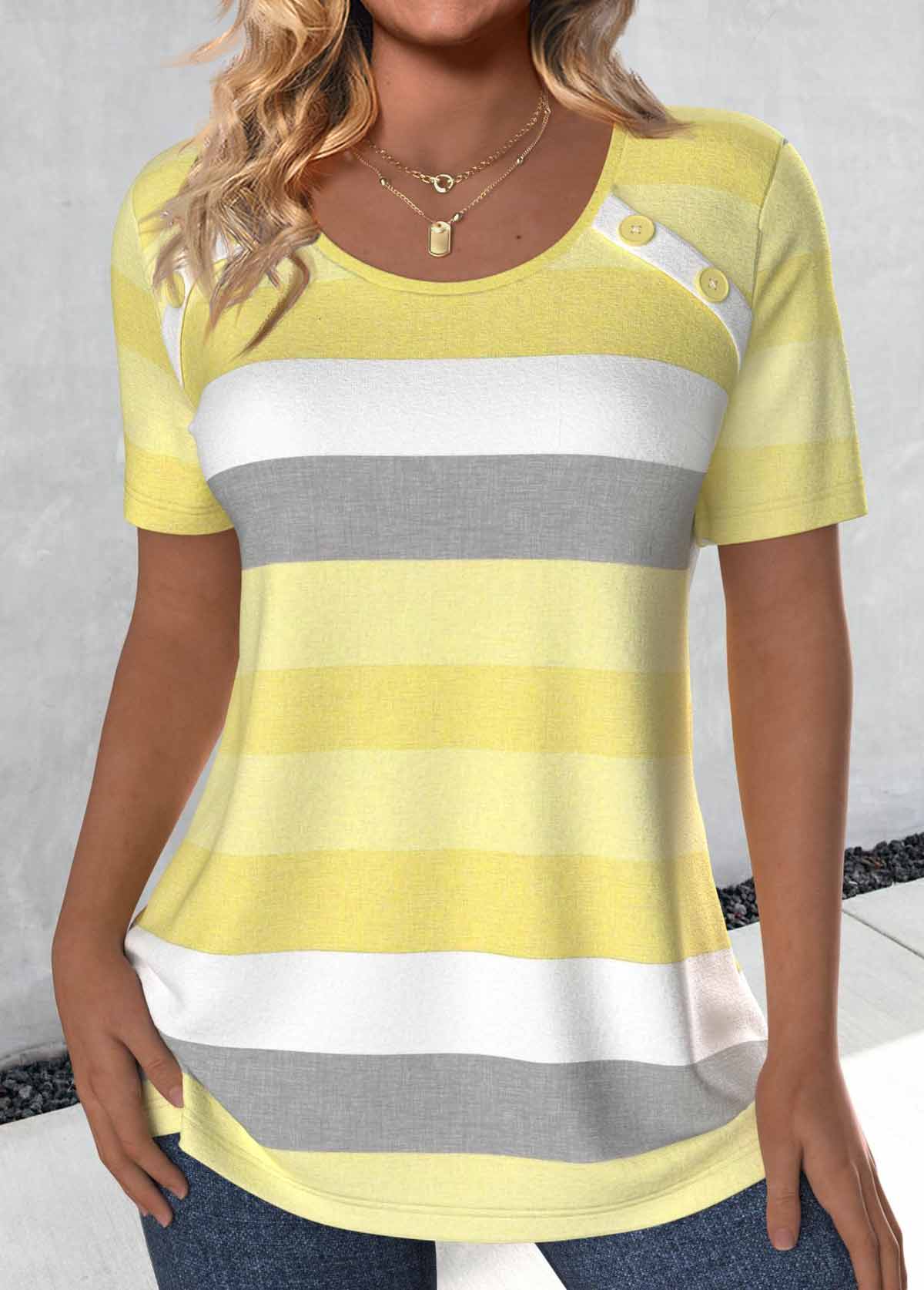Plus Size Light Yellow Button Striped T Shirt | picture 