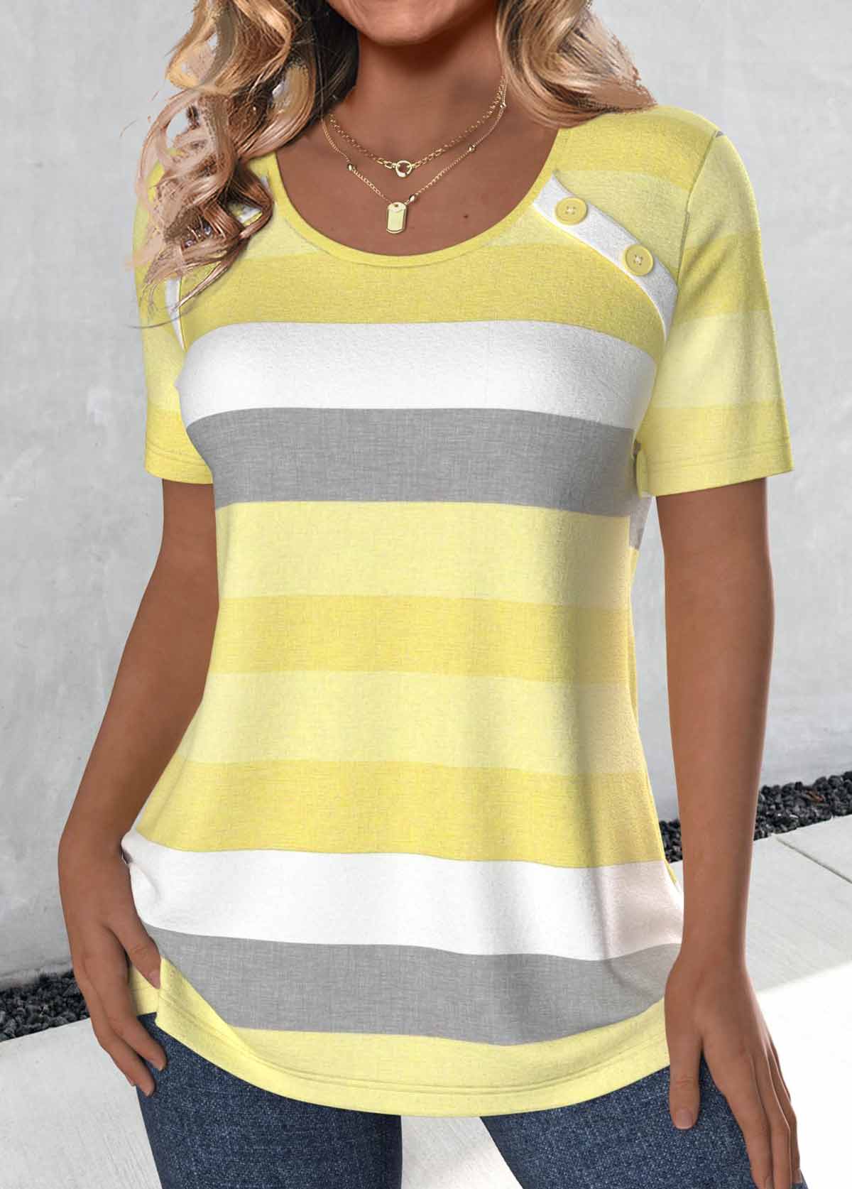 Plus Size Light Yellow Button Striped T Shirt | picture 