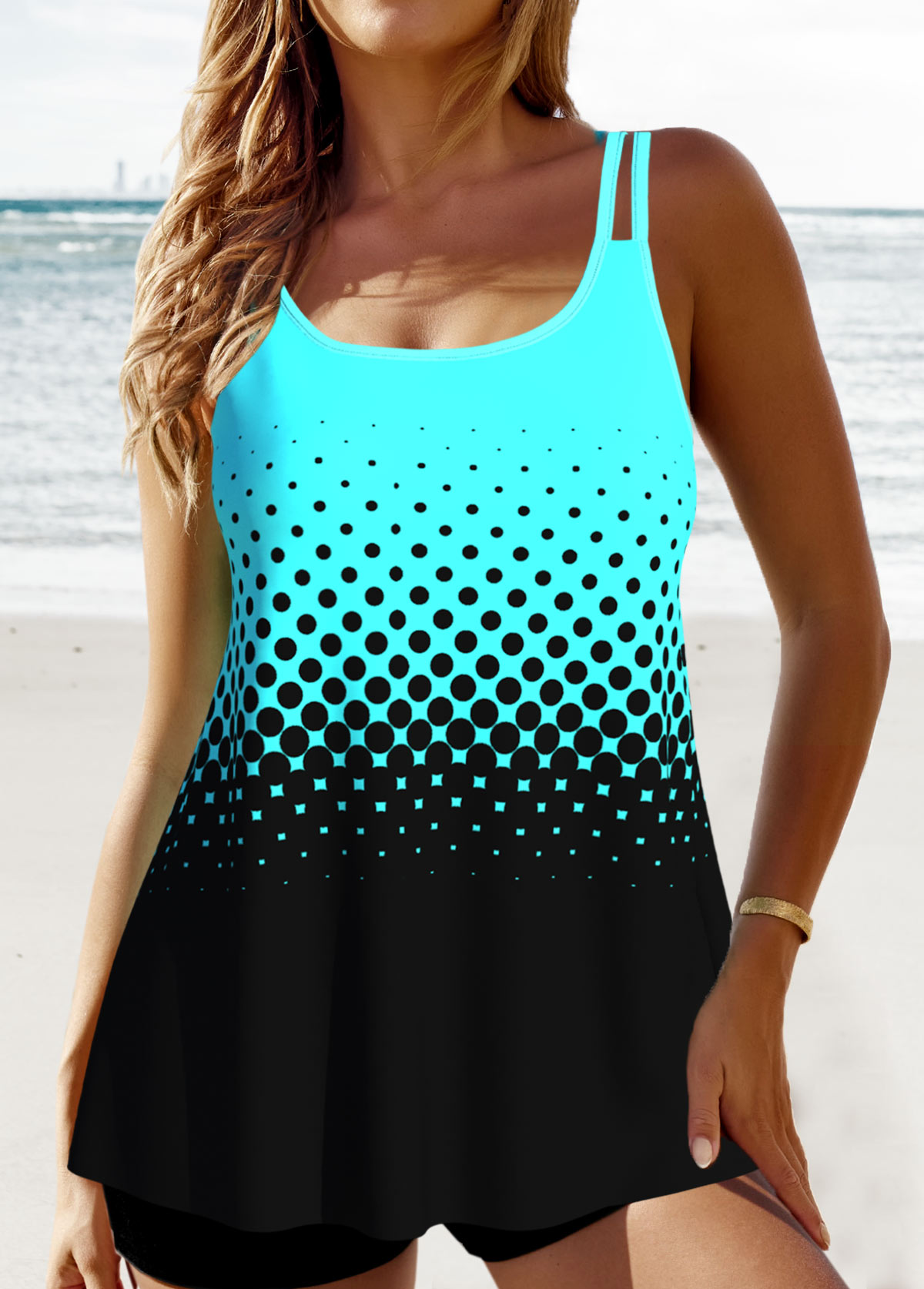 Patchwork Ombre Cyan Double Straps Tankini Set
