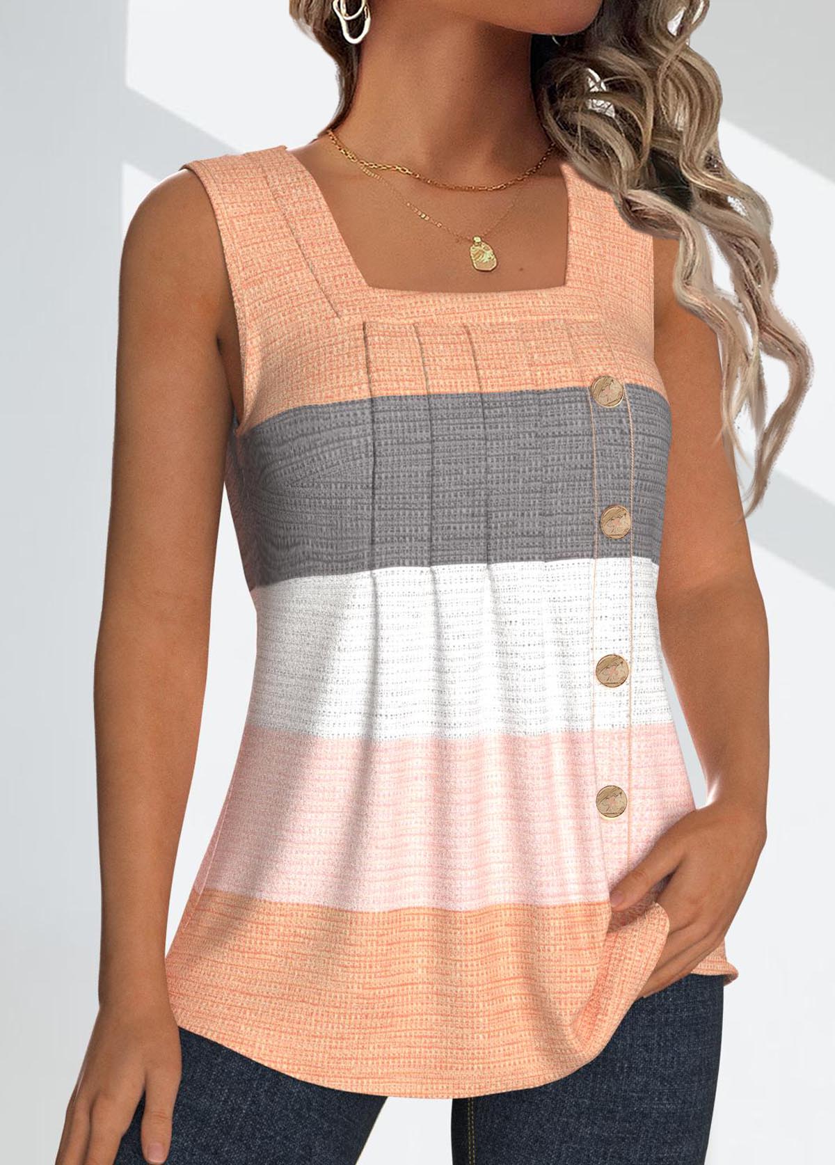Plus Size Dusty Pink Button Striped Sleeveless Tank Top