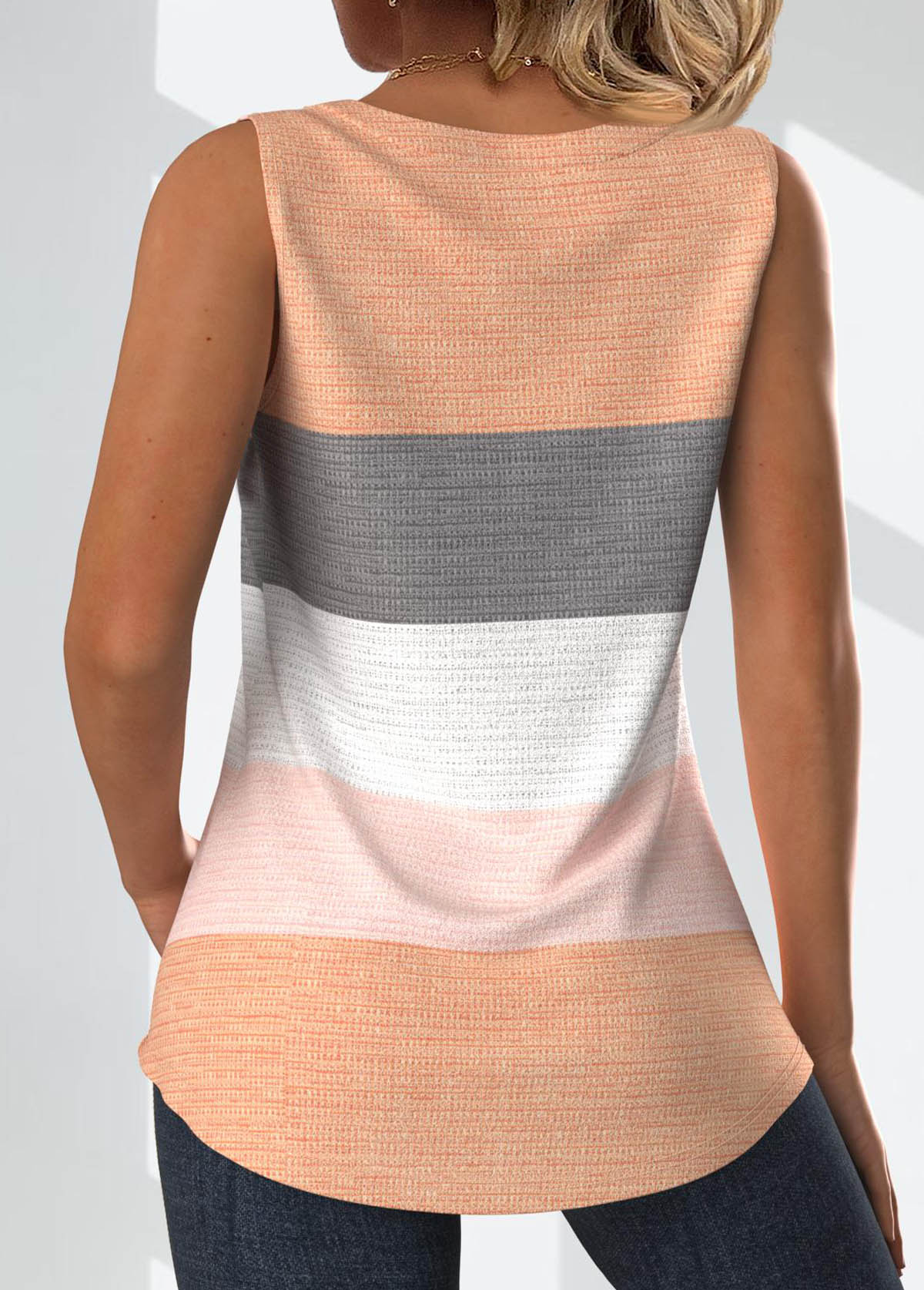 Dusty Pink Button Striped Sleeveless Square Neck Tank Top