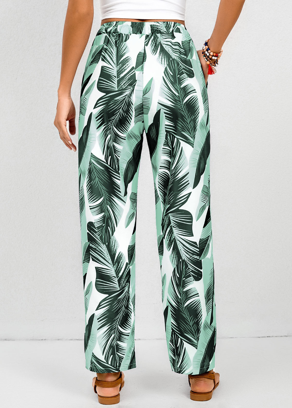 Green Pocket Feathers Print Elastic Waist High Waisted Pants