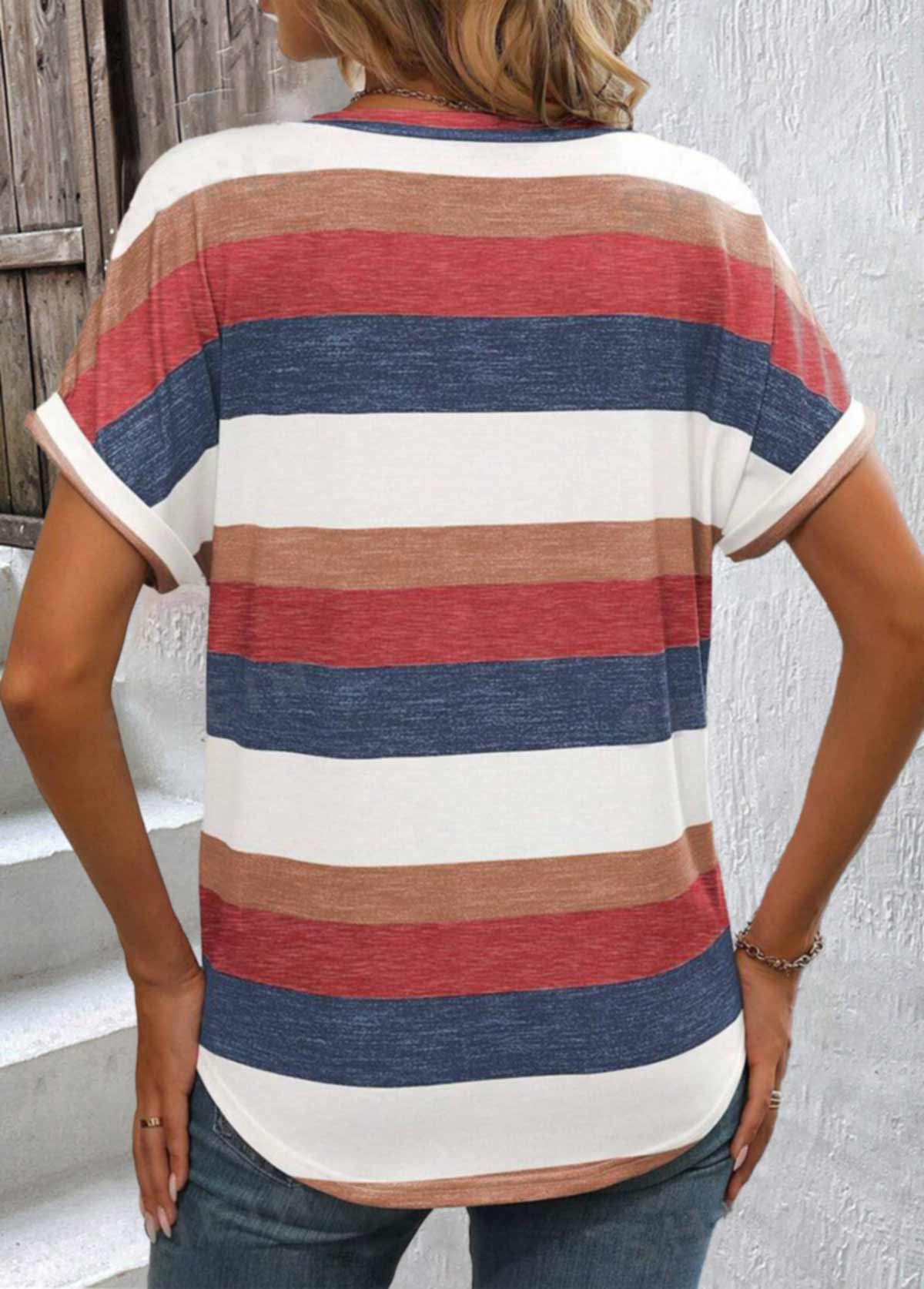 Brick Red Pocket Striped Short Sleeve T Shirt