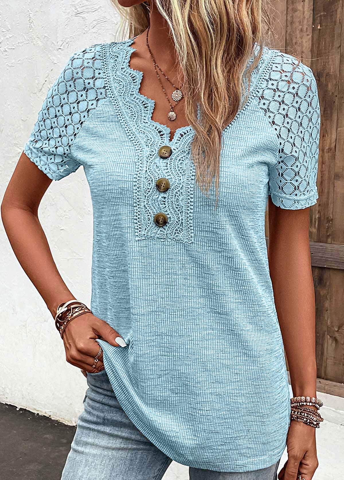 Light Blue Lace Short Sleeve V Neck T Shirt | picture 