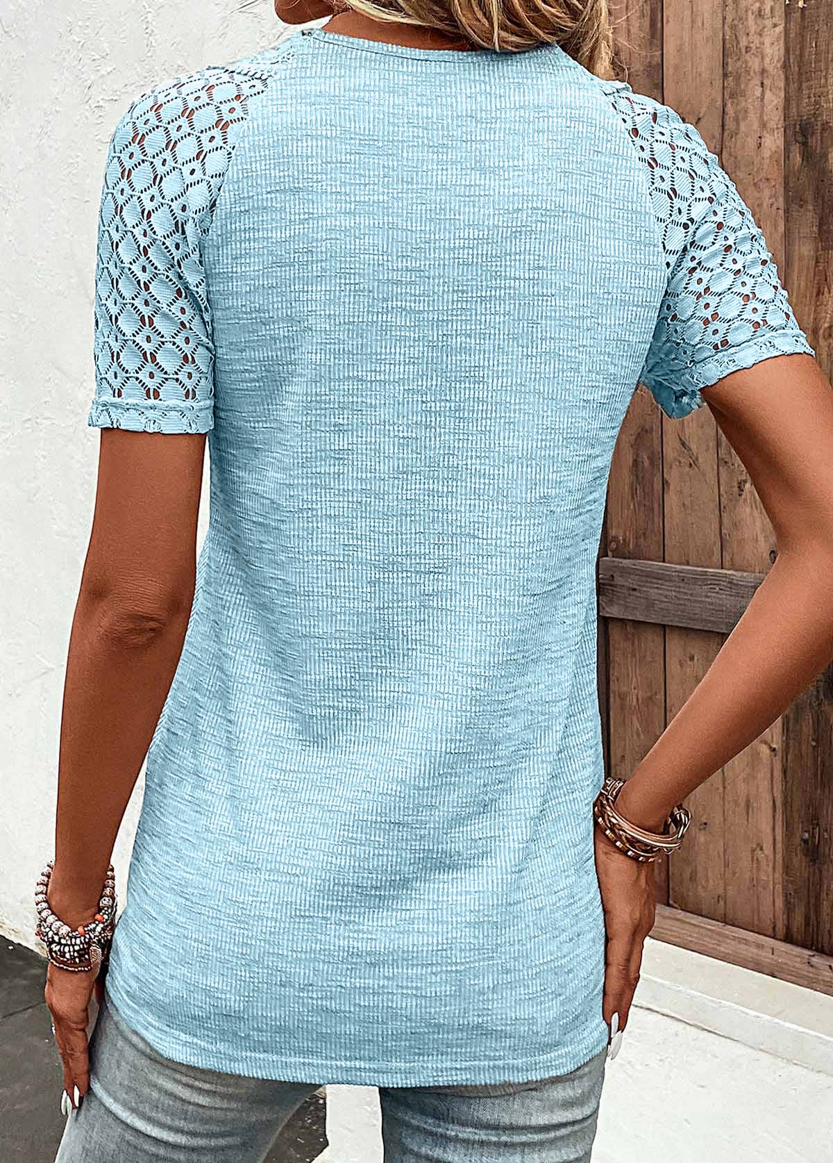 Light Blue Lace Short Sleeve V Neck T Shirt | picture 