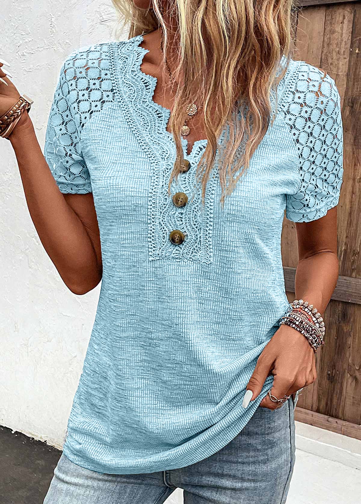 Light Blue Lace Short Sleeve V Neck T Shirt | picture 