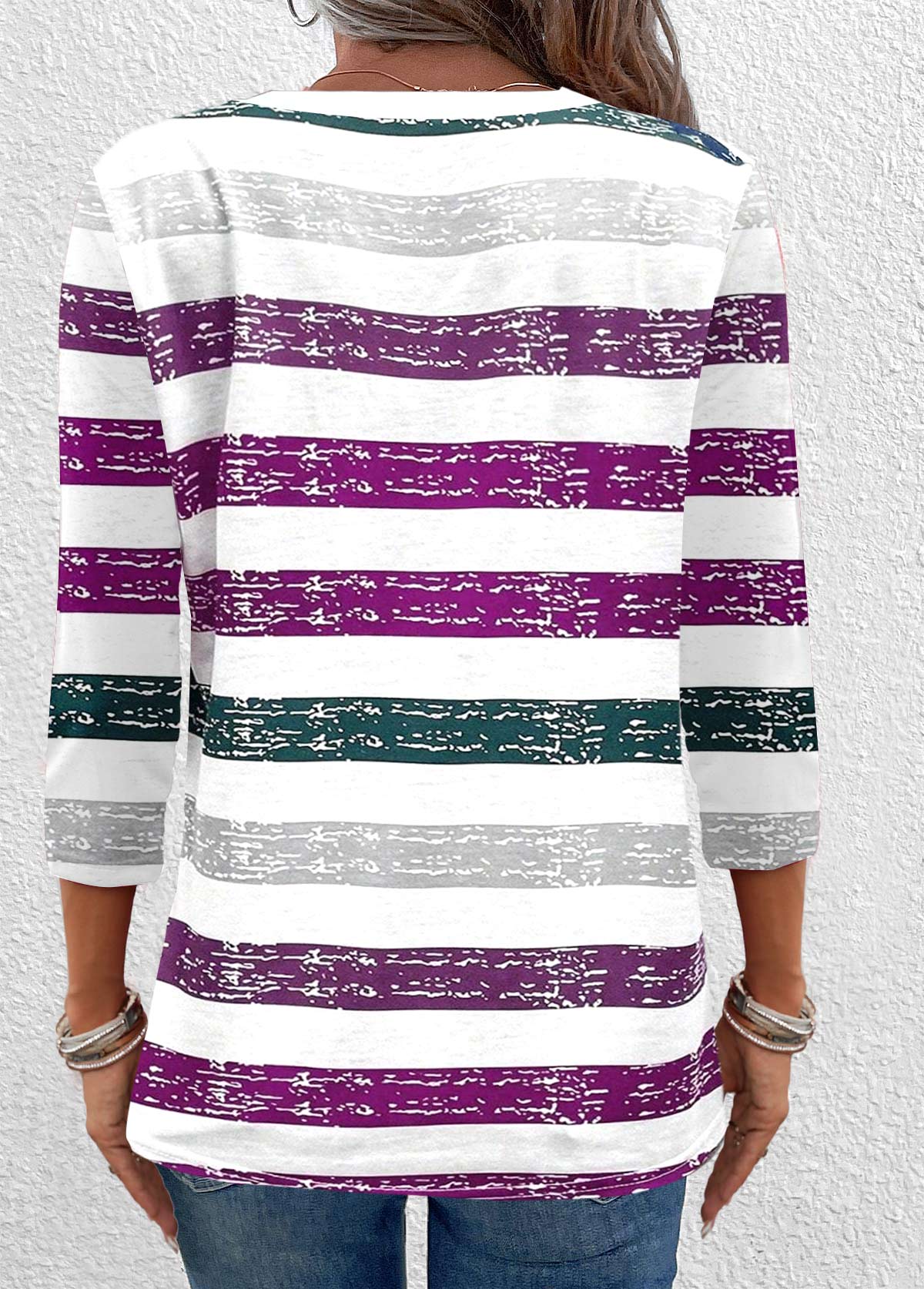 Dark Purple Button Multi Stripe Print T Shirt