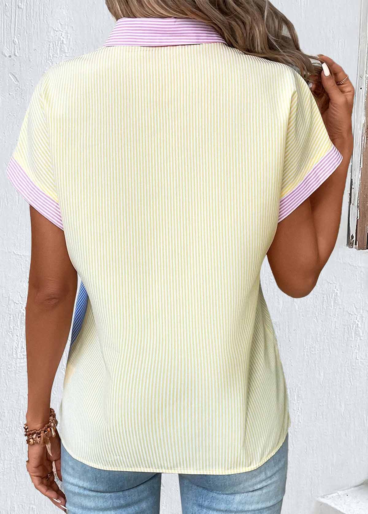 Light Yellow Patchwork Multi Stripe Print Short Sleeve Blouse