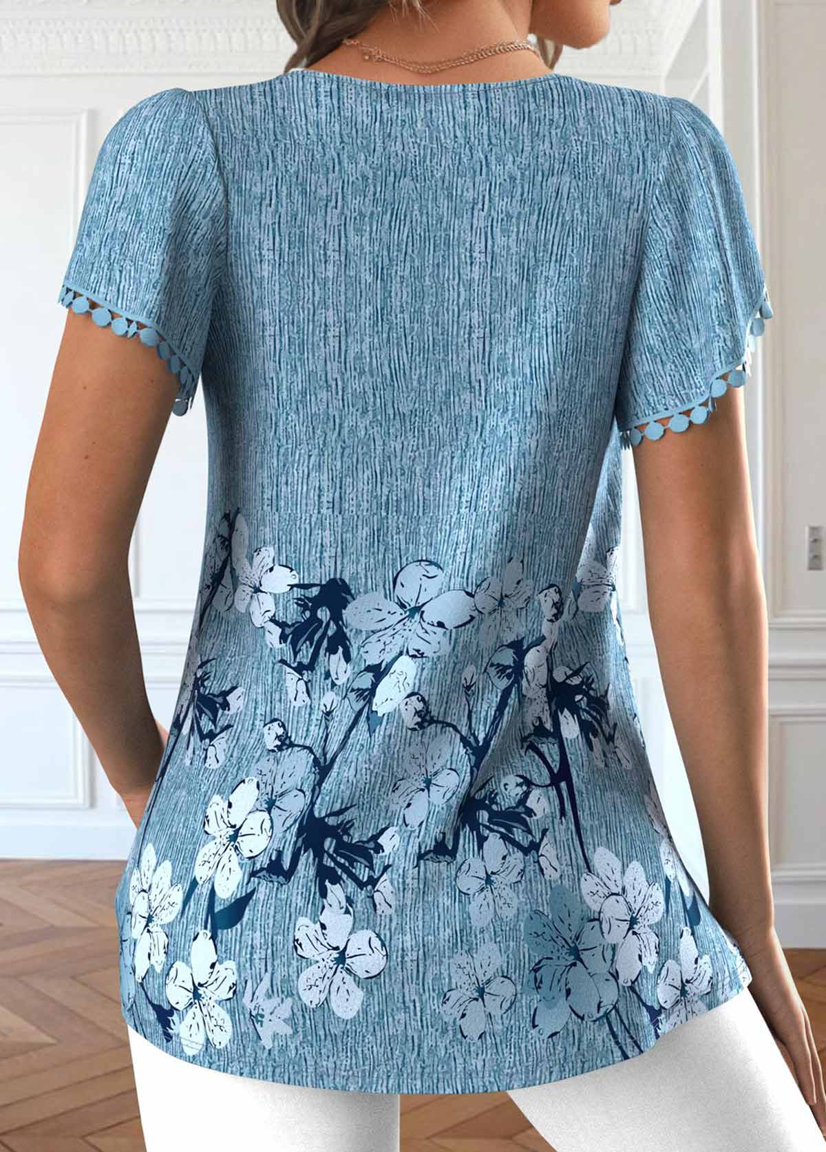 Plus Size Dusty Blue Embroidery Floral Print T Shirt