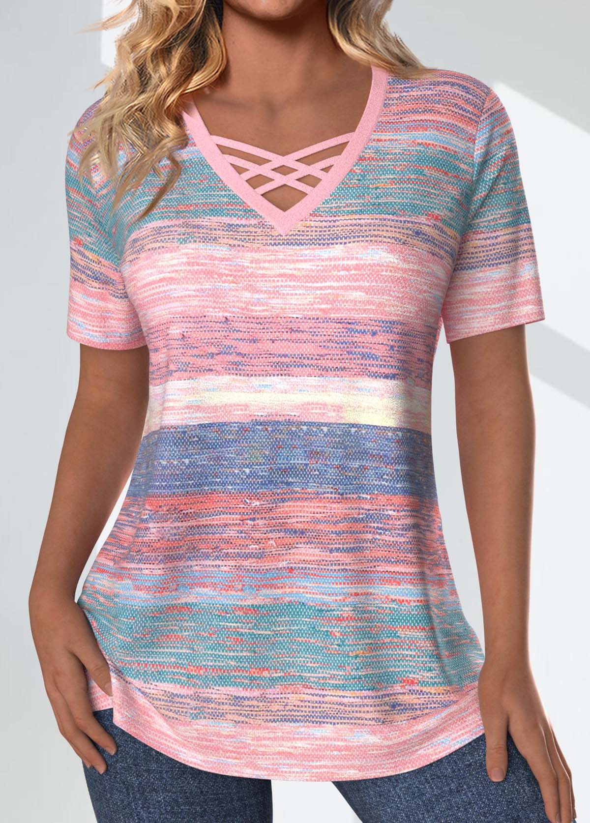 Pink Criss Cross Striped Short Sleeve T Shirt | picture 
