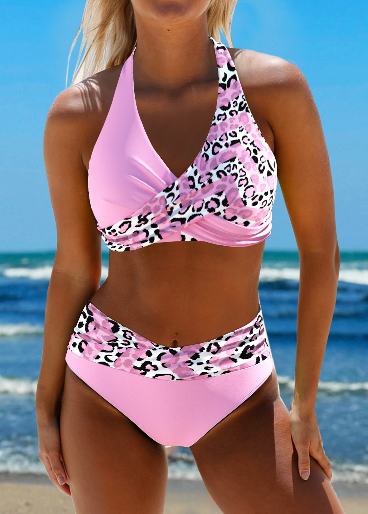 Surplice Leopard Light Pink Bikini Set