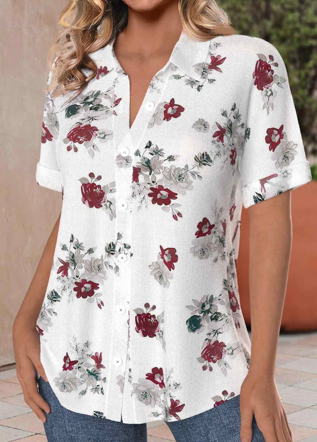 White Button Floral Print Short Sleeve Shirt Collar Blouse