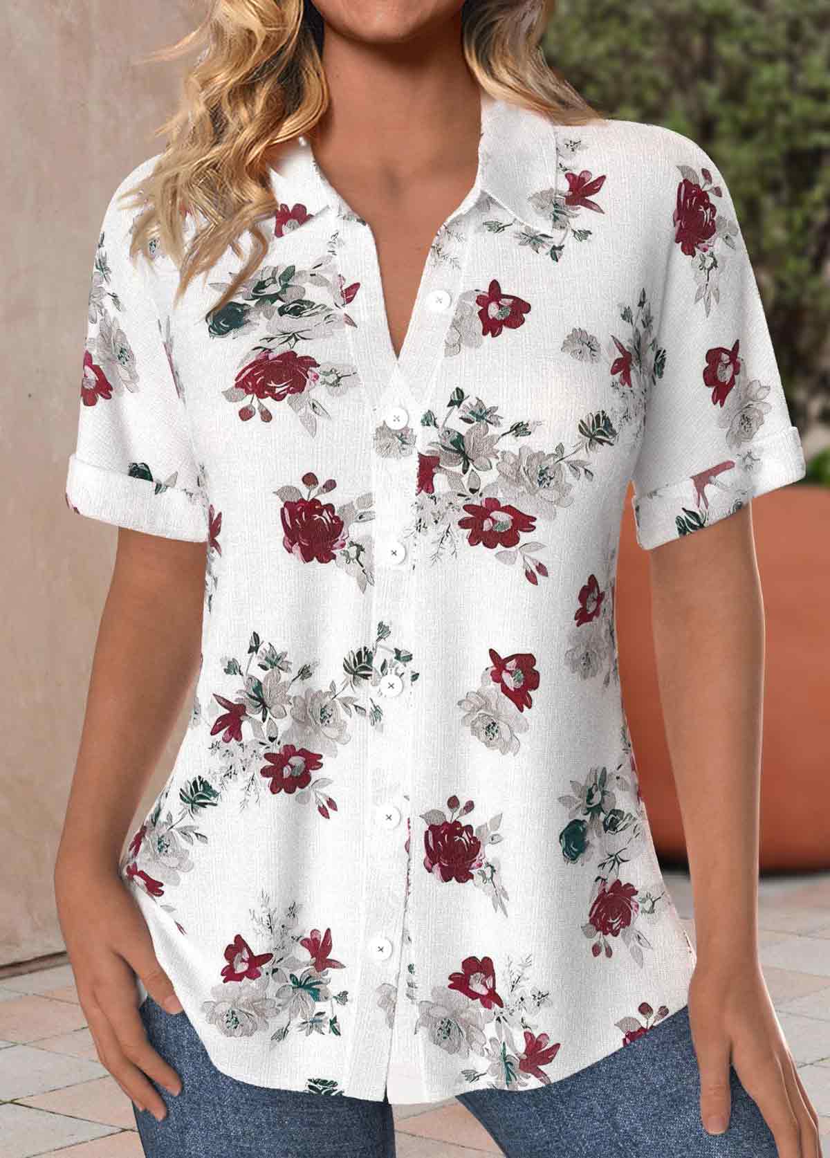 White Button Floral Print Short Sleeve Shirt Collar Blouse