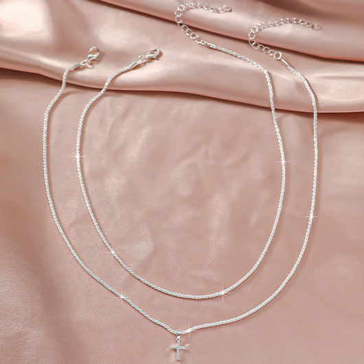 Silvery White Cross Alloy Layered Necklace Set