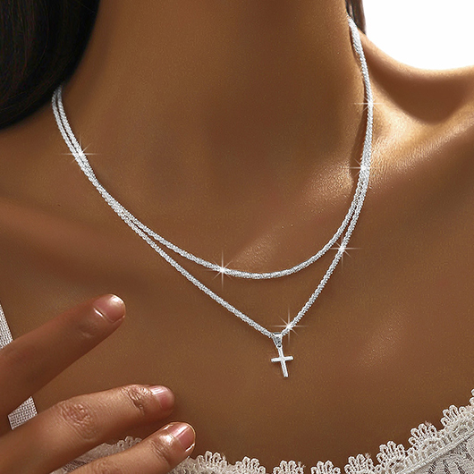 Silvery White Cross Alloy Layered Necklace Set