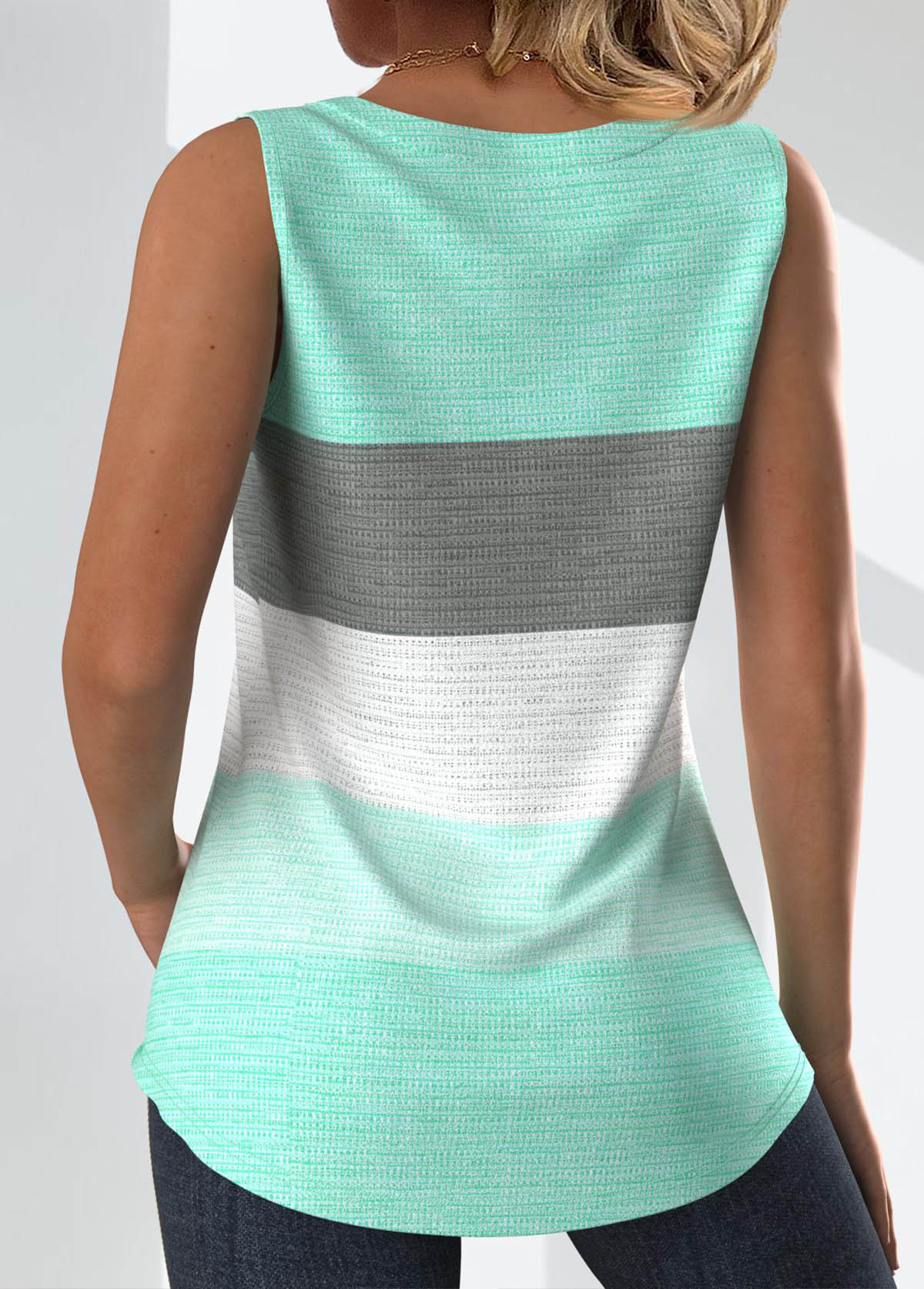 Mint Green Button Striped Sleeveless Square Neck Tank Top | picture 