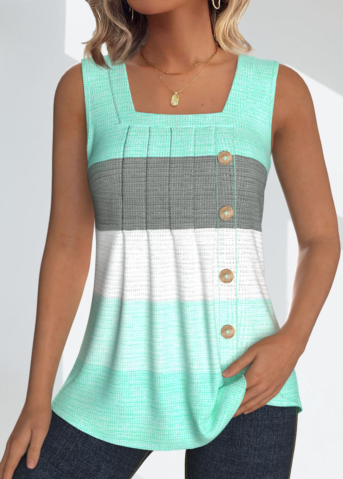 Mint Green Button Striped Sleeveless Square Neck Tank Top | picture 