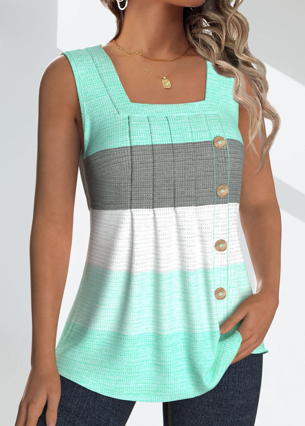 Mint Green Button Striped Sleeveless Square Neck Tank Top | picture 