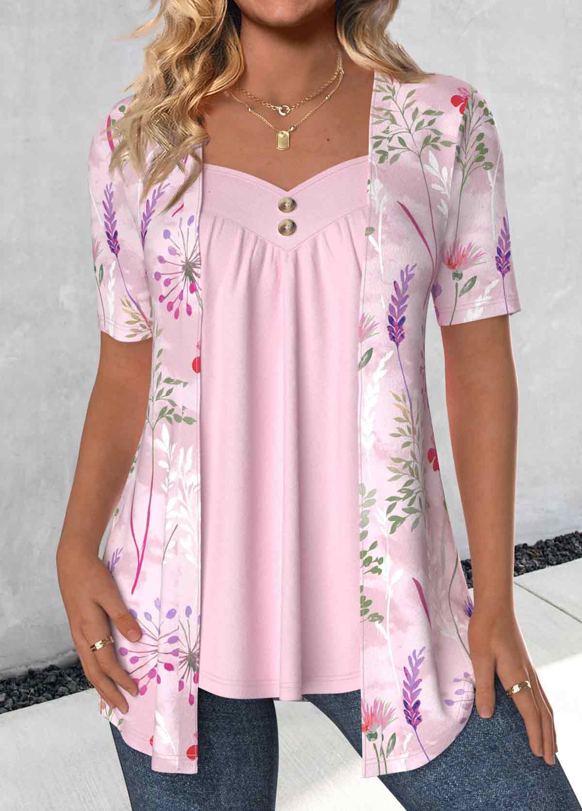 Pink Floral Print Short Sleeve Fake Two Piece Twinset | picture 