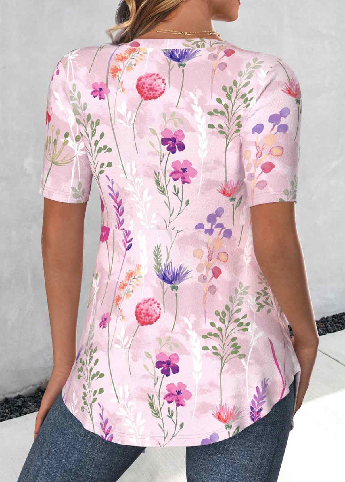 Pink Floral Print Short Sleeve Fake Two Piece Twinset | picture 