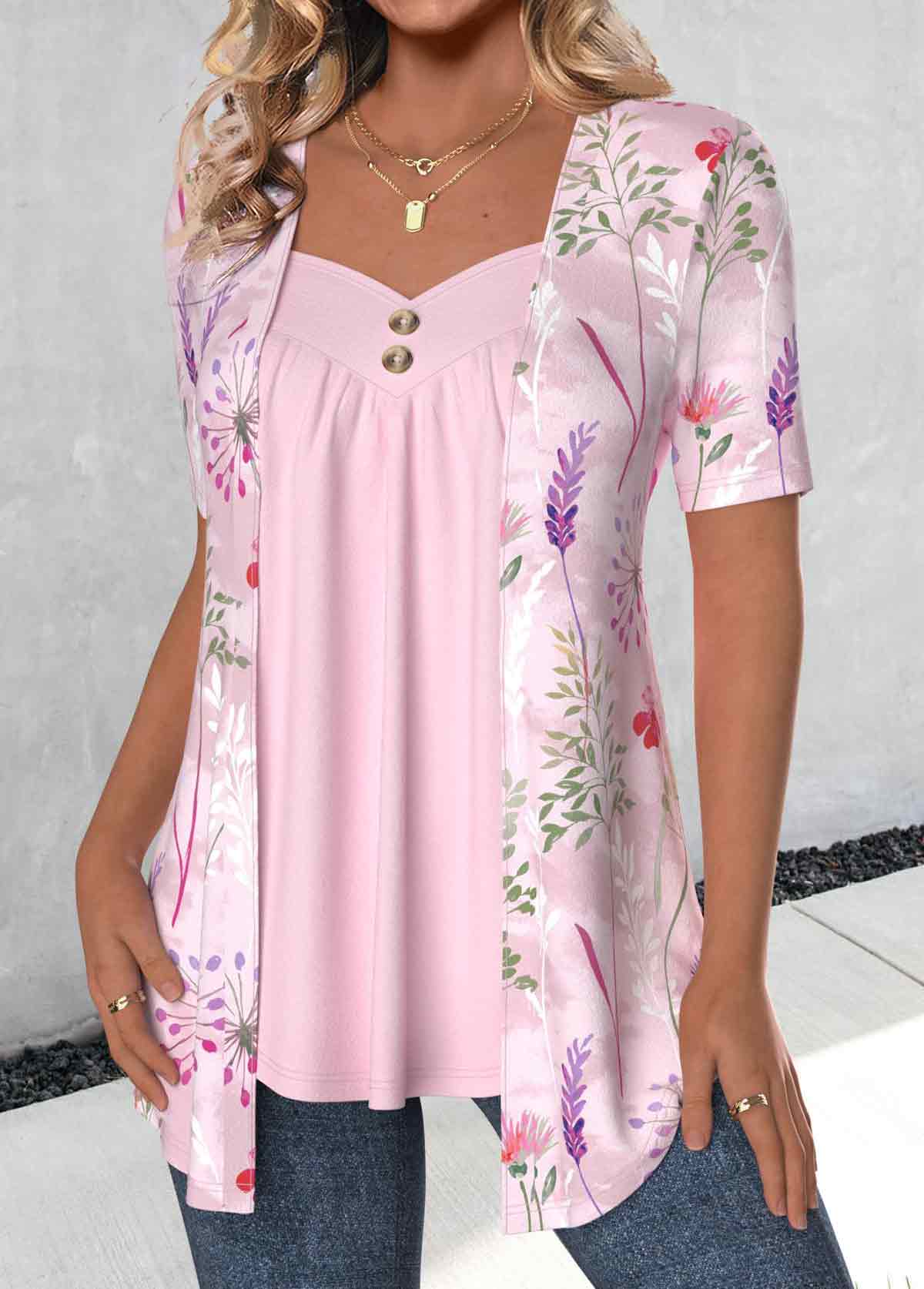 Pink Floral Print Short Sleeve Fake Two Piece Twinset | picture 