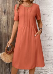 Brick Red Pocket A Line Short Sleeve Dress