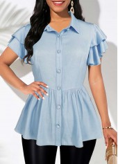 Denim Blue Button Short Sleeve Shirt Collar Blouse