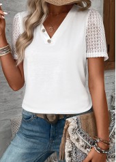 White Patchwork Short Sleeve V Neck T Shirt