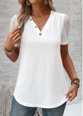 White Patchwork Short Sleeve V Neck T Shirt