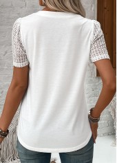 White Patchwork Short Sleeve V Neck T Shirt