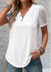 White Patchwork Short Sleeve V Neck T Shirt