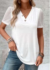 White Patchwork Short Sleeve V Neck T Shirt
