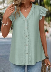 Sage Green Patchwork Short Sleeve V Neck Blouse | thumb picture 