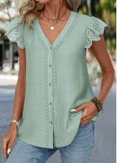 Sage Green Patchwork Short Sleeve V Neck Blouse