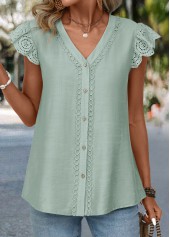 Sage Green Patchwork Short Sleeve V Neck Blouse | thumb picture 