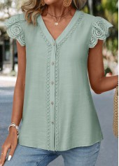 Sage Green Patchwork Short Sleeve V Neck Blouse | thumb picture 