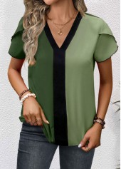 Green Patchwork Short Sleeve V Neck Blouse