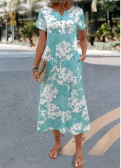 Mint Green Floral Print A Line Short Sleeve Dress