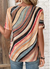 Multi Color Button Geometric Print Short Sleeve T Shirt