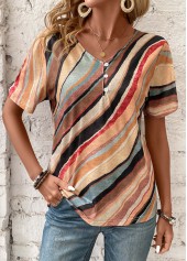 Multi Color Button Geometric Print Short Sleeve T Shirt