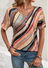 Multi Color Button Geometric Print Short Sleeve T Shirt