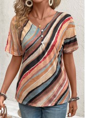 Multi Color Button Geometric Print Short Sleeve T Shirt